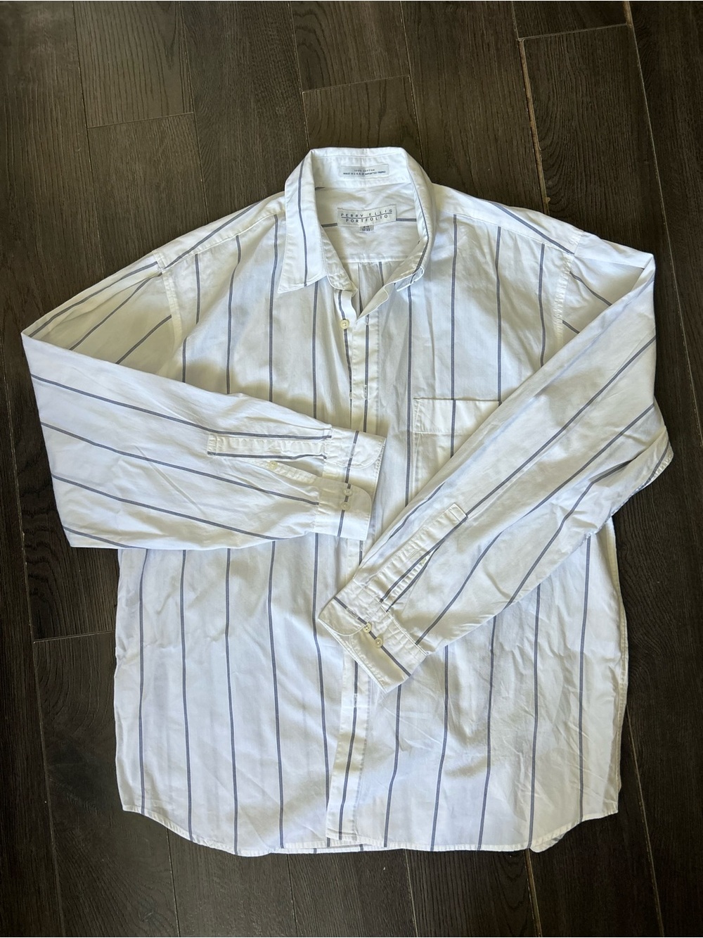 Perry Ellis White Long-Sleeve Shirt with Blue Pinstripes 16.5”